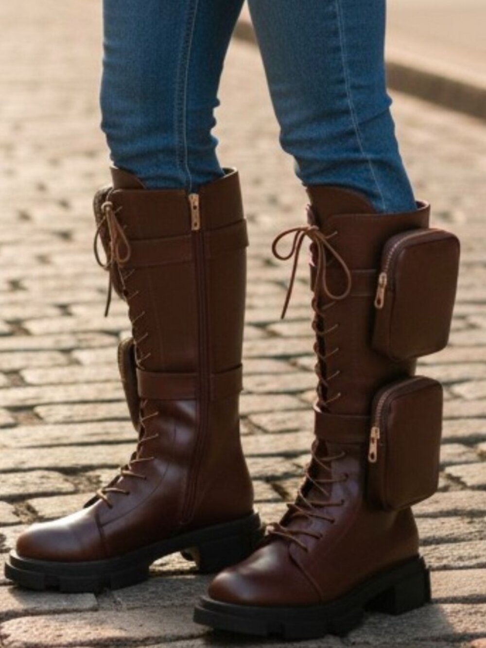 Lace-Up Wine Combat Boots With Detachable Utility Pouches & Side Zippers For Wom